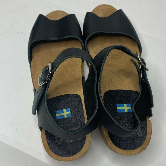 MIA Black Leather Wood Swedish Clogs Rubber Lug Soles EU 38 - Picture 6 of 10